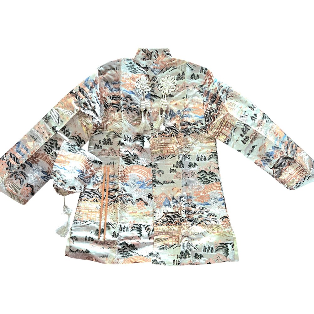 Chinese Tang Suit Jacket Womens Cream Pagoda Brocade Bag Hair Sticks‎ Great Set